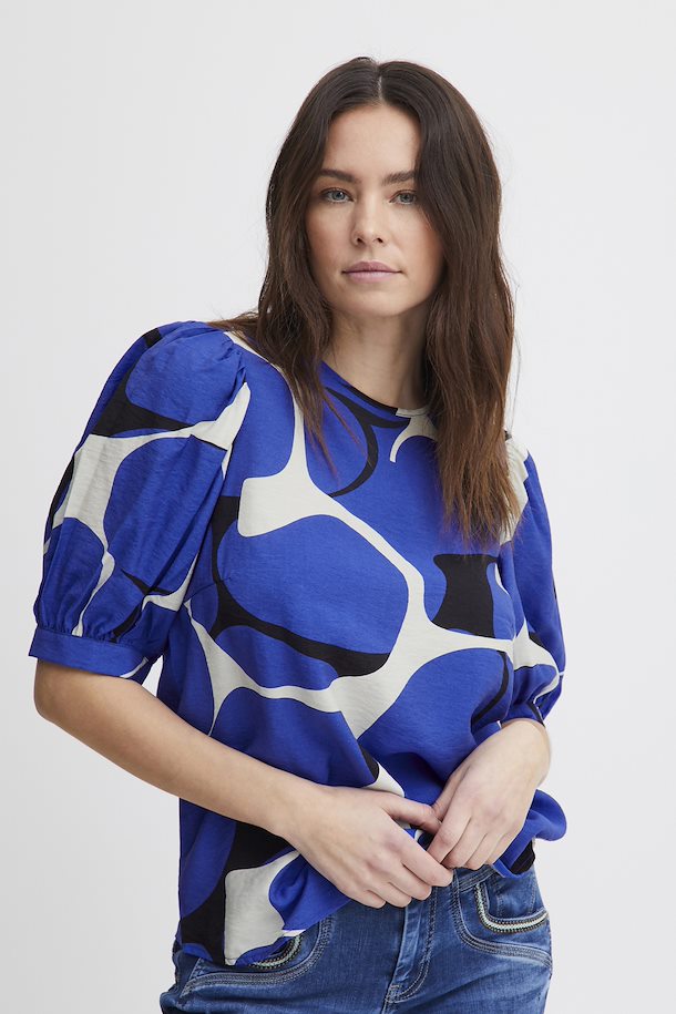 Printed with short sleeve fra Pulz – Køb Blue Blouse with short sleeve